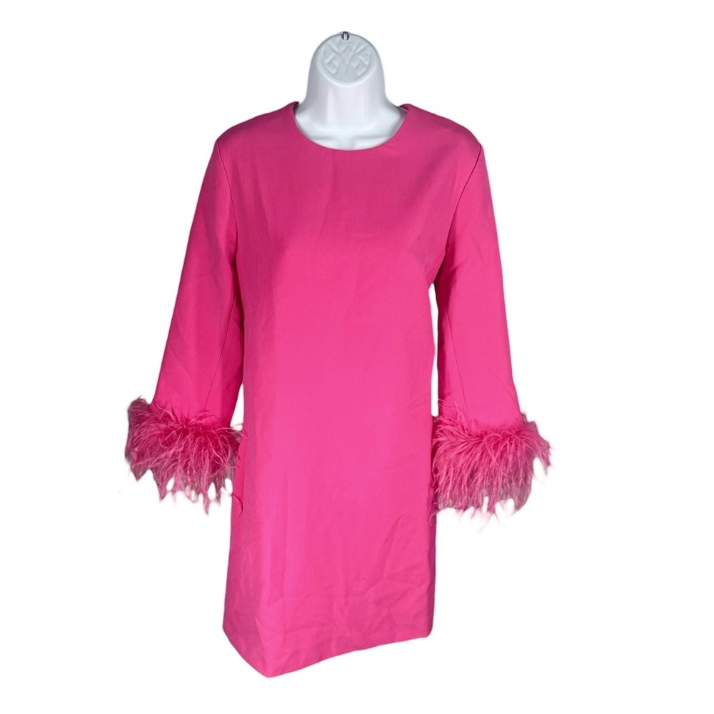 Tuckernuck Hot Pink Feather Trim Mod Mini Dress Party Cocktail M NWT - Picture 2 of 10